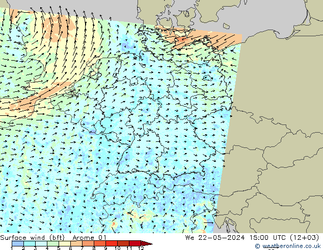 Wind 10 m (bft) Arome 01 wo 22.05.2024 15 UTC