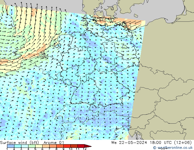 Bodenwind (bft) Arome 01 Mi 22.05.2024 18 UTC