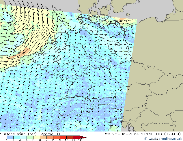 Surface wind (bft) Arome 01 St 22.05.2024 21 UTC