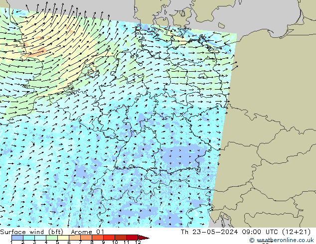 Surface wind (bft) Arome 01 Čt 23.05.2024 09 UTC