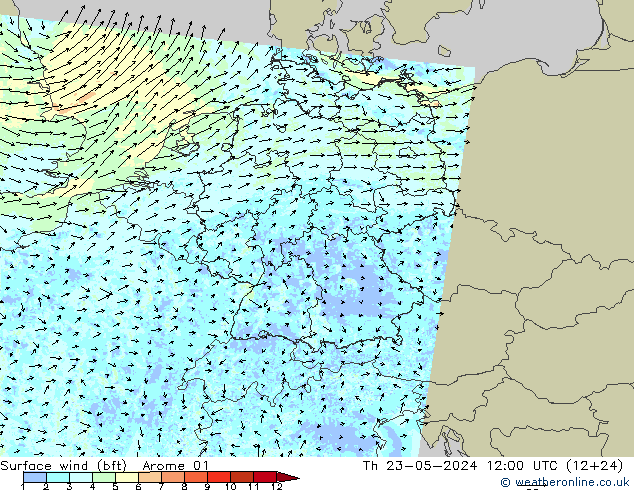 Surface wind (bft) Arome 01 Th 23.05.2024 12 UTC
