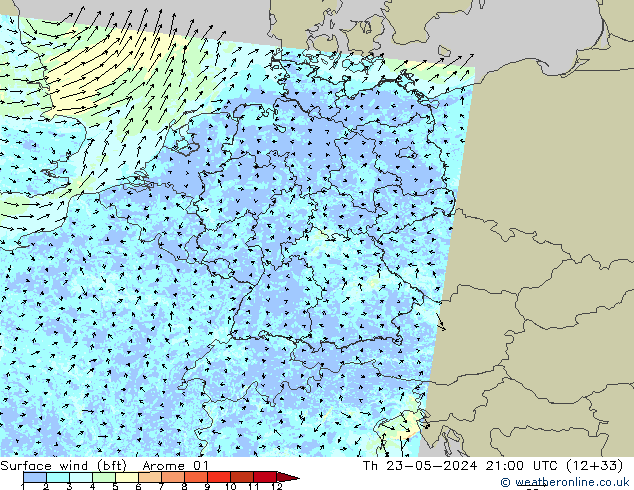 Surface wind (bft) Arome 01 Th 23.05.2024 21 UTC