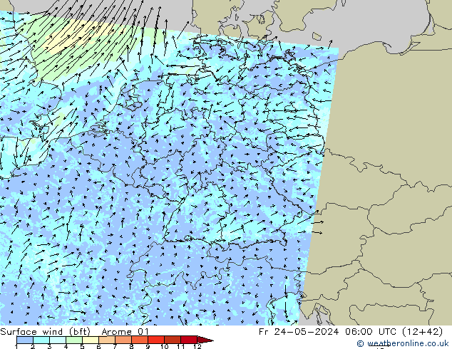 Wind 10 m (bft) Arome 01 vr 24.05.2024 06 UTC
