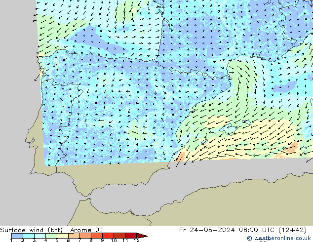 Surface wind (bft) Arome 01 Fr 24.05.2024 06 UTC