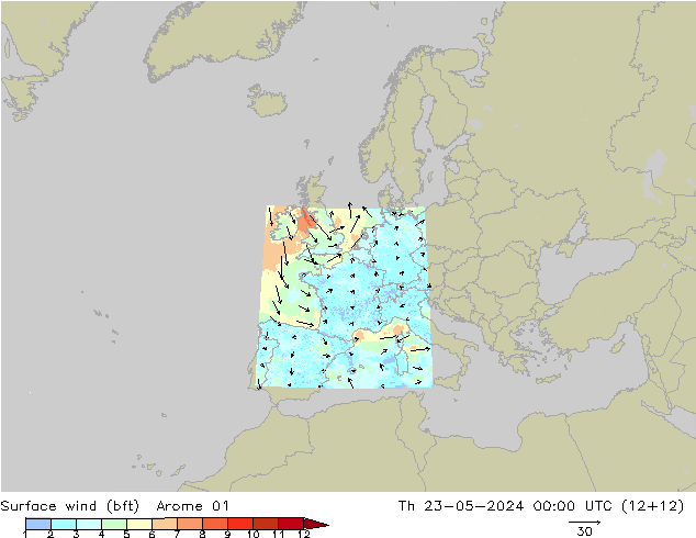Surface wind (bft) Arome 01 Čt 23.05.2024 00 UTC