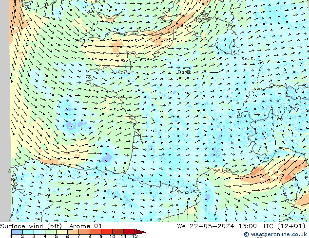Surface wind (bft) Arome 01 We 22.05.2024 13 UTC