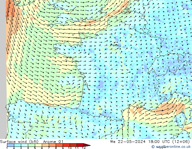 Surface wind (bft) Arome 01 We 22.05.2024 18 UTC