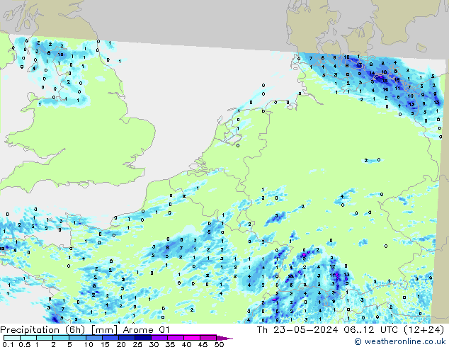 降水量 (6h) Arome 01 星期四 23.05.2024 12 UTC