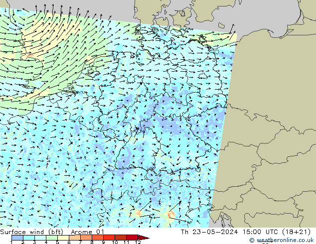 Rüzgar 10 m (bft) Arome 01 Per 23.05.2024 15 UTC