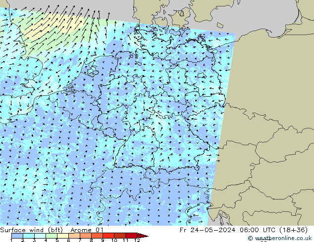 wiatr 10 m (bft) Arome 01 pt. 24.05.2024 06 UTC