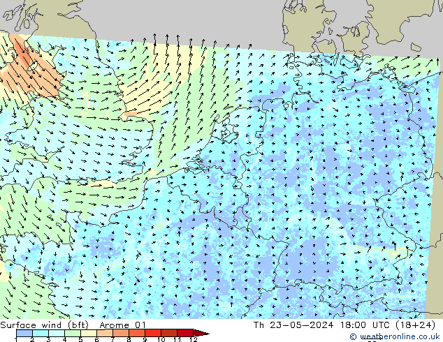 Surface wind (bft) Arome 01 Th 23.05.2024 18 UTC