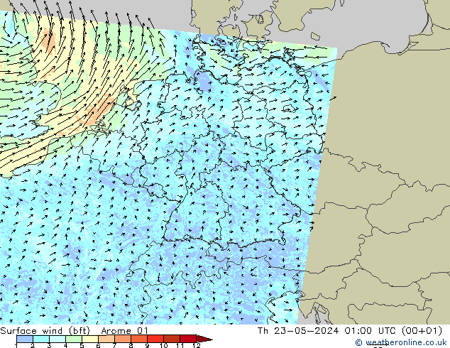 Wind 10 m (bft) Arome 01 do 23.05.2024 01 UTC