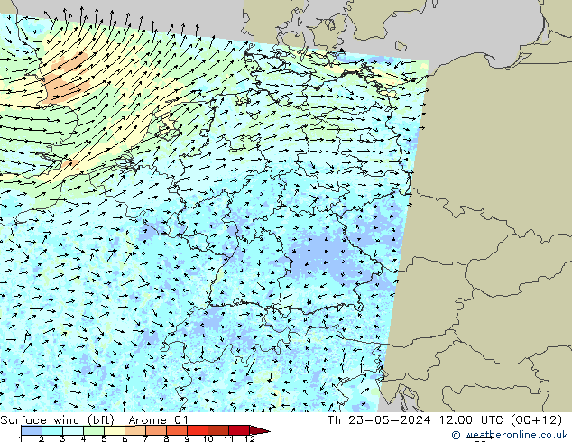 wiatr 10 m (bft) Arome 01 czw. 23.05.2024 12 UTC