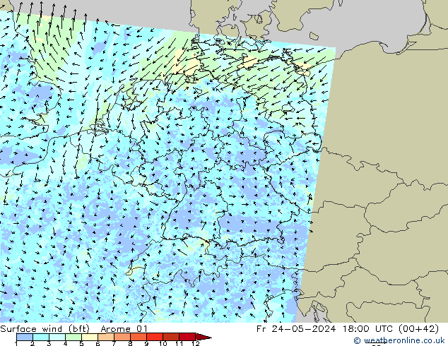 Wind 10 m (bft) Arome 01 vr 24.05.2024 18 UTC