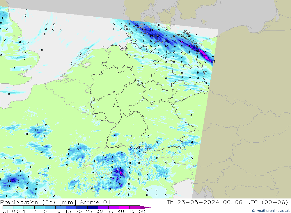 降水量 (6h) Arome 01 星期四 23.05.2024 06 UTC