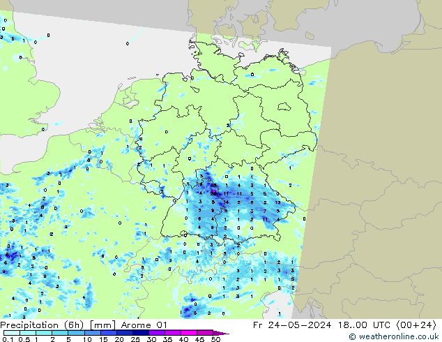 降水量 (6h) Arome 01 星期五 24.05.2024 00 UTC