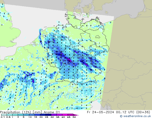 降水量 (12h) Arome 01 星期五 24.05.2024 12 UTC