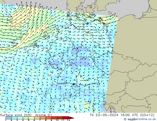 Surface wind (bft) Arome 01 Th 23.05.2024 15 UTC