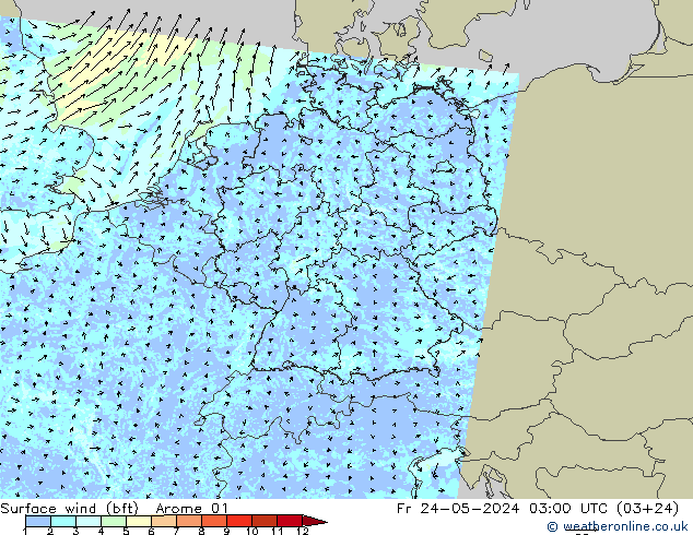 Wind 10 m (bft) Arome 01 vr 24.05.2024 03 UTC
