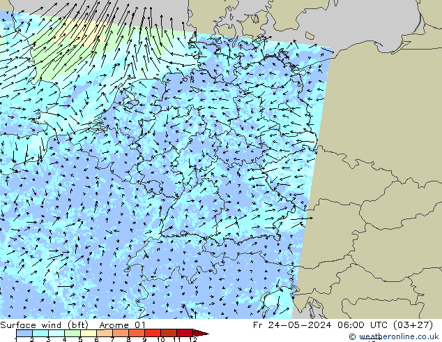 Wind 10 m (bft) Arome 01 vr 24.05.2024 06 UTC