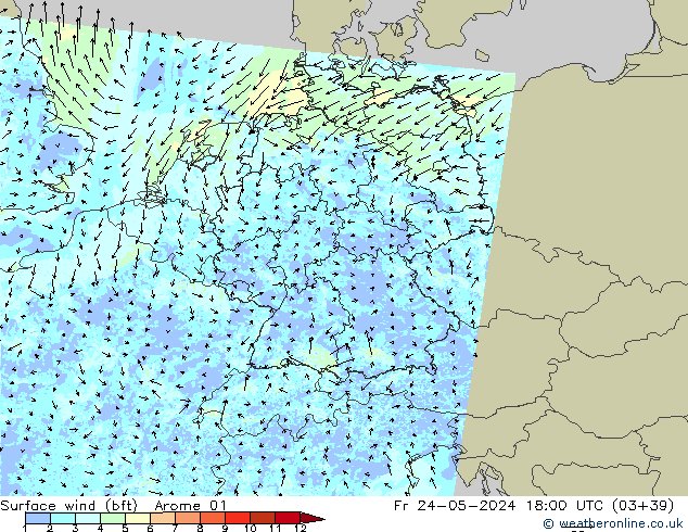 Surface wind (bft) Arome 01 Pá 24.05.2024 18 UTC