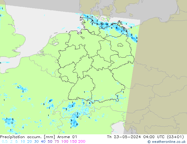 Precipitation accum. Arome 01 Th 23.05.2024 04 UTC