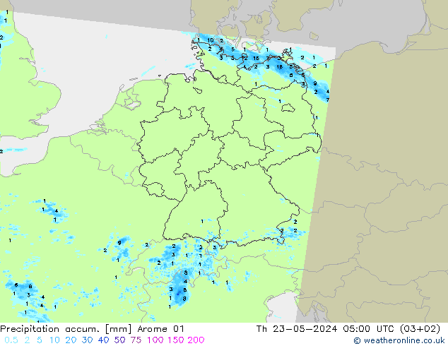 Precipitation accum. Arome 01 星期四 23.05.2024 05 UTC