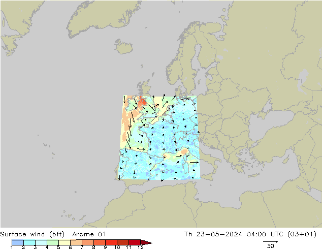 �N 10 米 (bft) Arome 01 星期四 23.05.2024 04 UTC