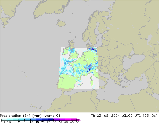 降水量 (6h) Arome 01 星期四 23.05.2024 09 UTC