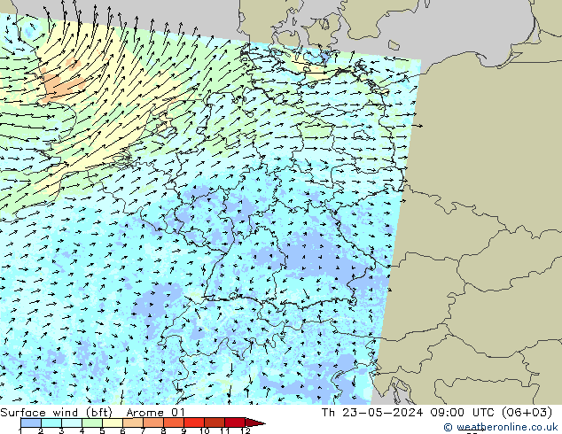 Wind 10 m (bft) Arome 01 do 23.05.2024 09 UTC