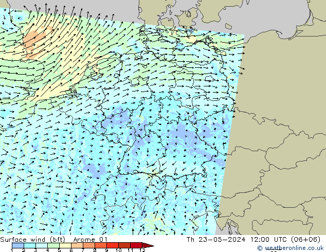 Wind 10 m (bft) Arome 01 do 23.05.2024 12 UTC