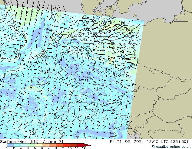 Surface wind (bft) Arome 01 Fr 24.05.2024 12 UTC