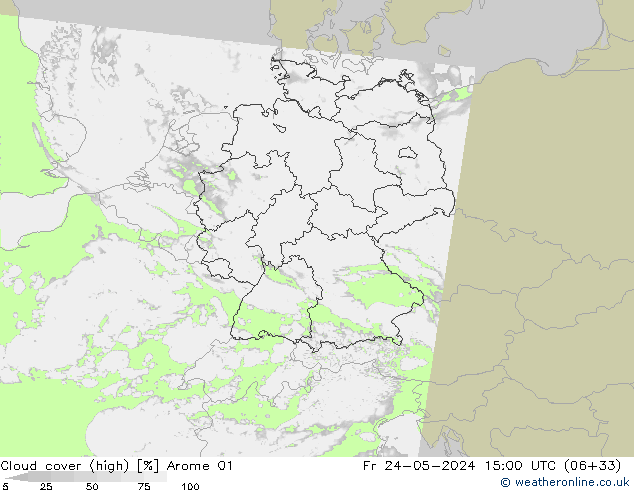 Cloud cover (high) Arome 01 Fr 24.05.2024 15 UTC