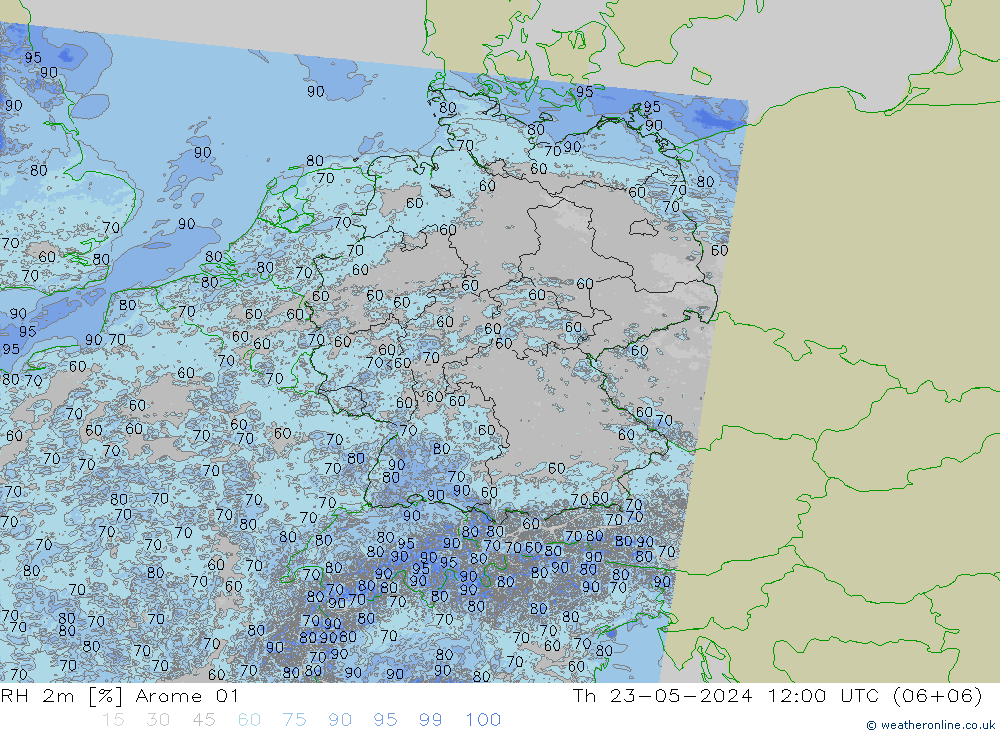 RH 2m Arome 01 星期四 23.05.2024 12 UTC