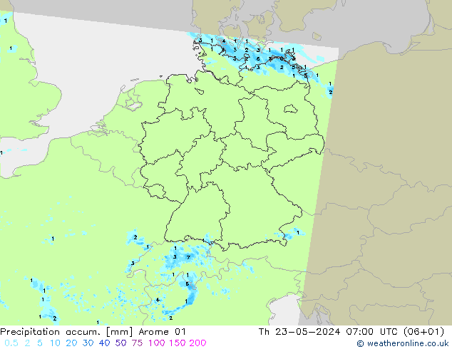 Precipitation accum. Arome 01 Th 23.05.2024 07 UTC