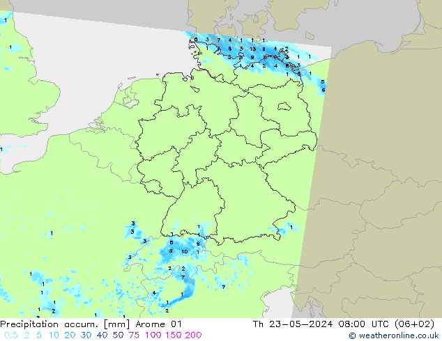 Precipitation accum. Arome 01 星期四 23.05.2024 08 UTC