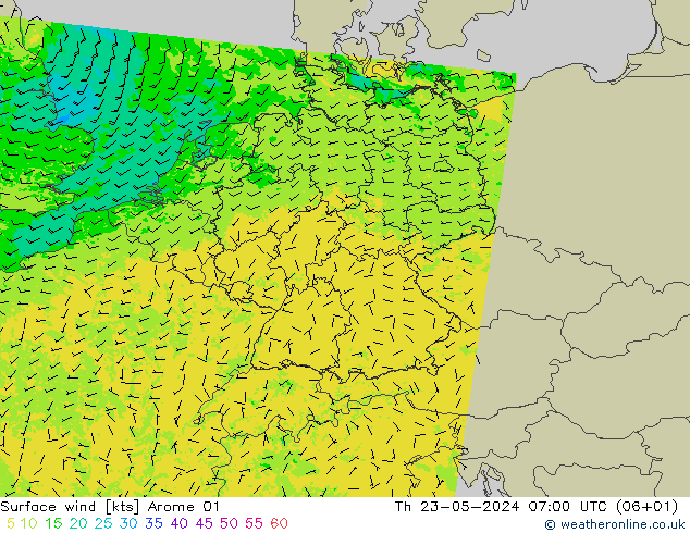 风 10 米 Arome 01 星期四 23.05.2024 07 UTC