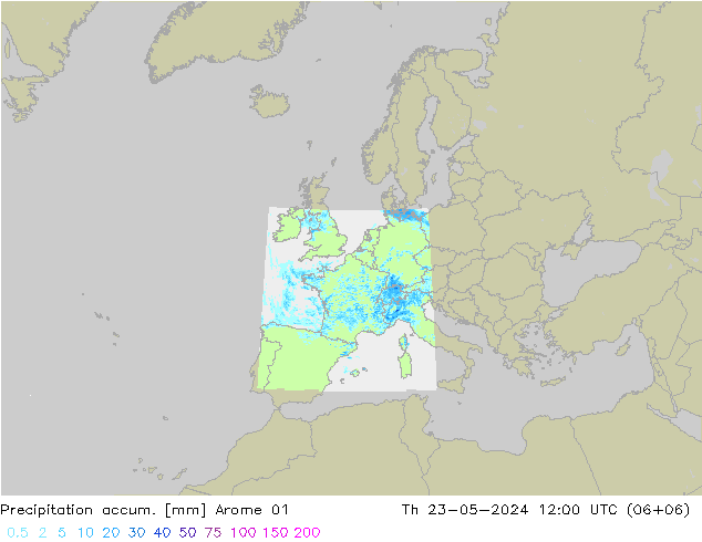 Precipitation accum. Arome 01 星期四 23.05.2024 12 UTC