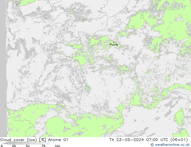 Cloud cover (low) Arome 01 Th 23.05.2024 07 UTC