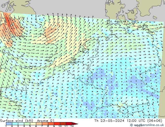 Surface wind (bft) Arome 01 Čt 23.05.2024 12 UTC