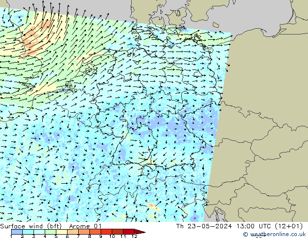 Surface wind (bft) Arome 01 Čt 23.05.2024 13 UTC