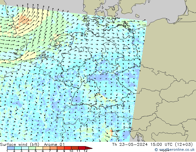 Wind 10 m (bft) Arome 01 do 23.05.2024 15 UTC