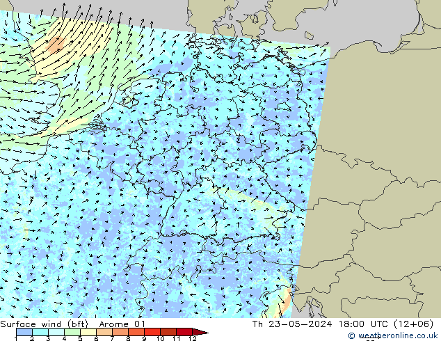 Surface wind (bft) Arome 01 Čt 23.05.2024 18 UTC