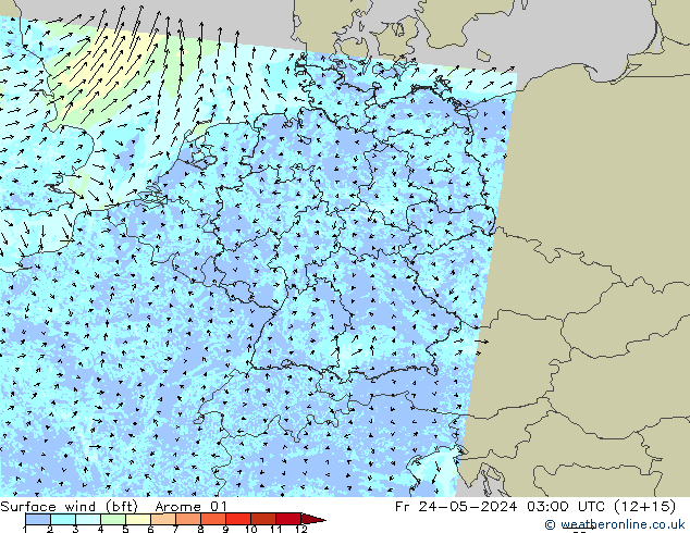Surface wind (bft) Arome 01 Fr 24.05.2024 03 UTC