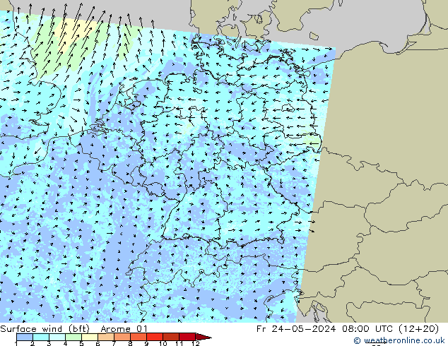 Wind 10 m (bft) Arome 01 vr 24.05.2024 08 UTC