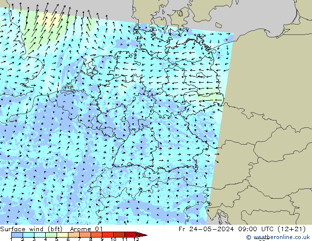 Surface wind (bft) Arome 01 Pá 24.05.2024 09 UTC