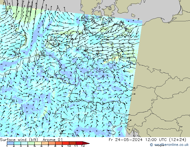 Wind 10 m (bft) Arome 01 vr 24.05.2024 12 UTC