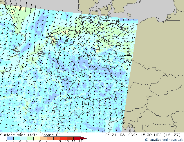 Wind 10 m (bft) Arome 01 vr 24.05.2024 15 UTC