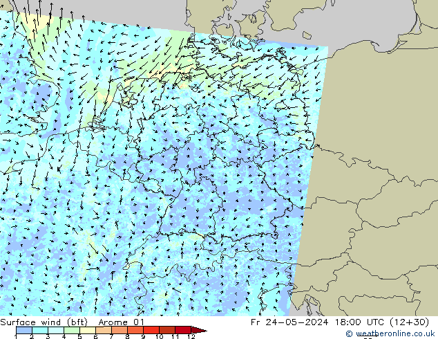 Wind 10 m (bft) Arome 01 vr 24.05.2024 18 UTC