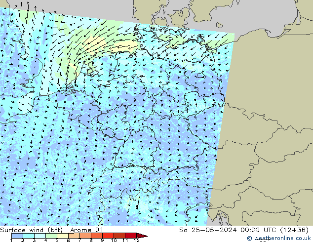 wiatr 10 m (bft) Arome 01 so. 25.05.2024 00 UTC